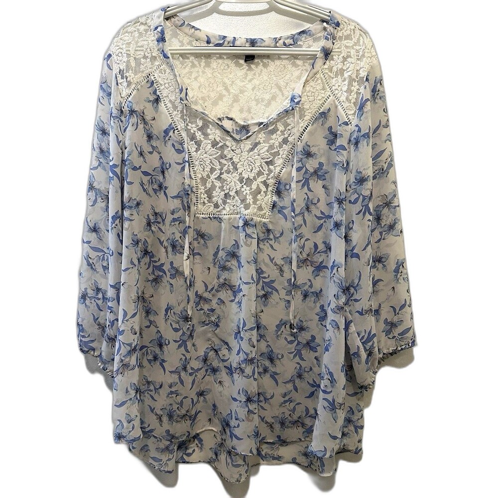 Sharagano Flowy Top/Tunic Blue Floral Boho Artsy Women’s 3X Cottagecore Lace